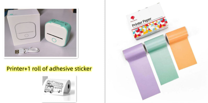 Mini label printer with thermal paper rolls and a pack of adhesive sticker paper