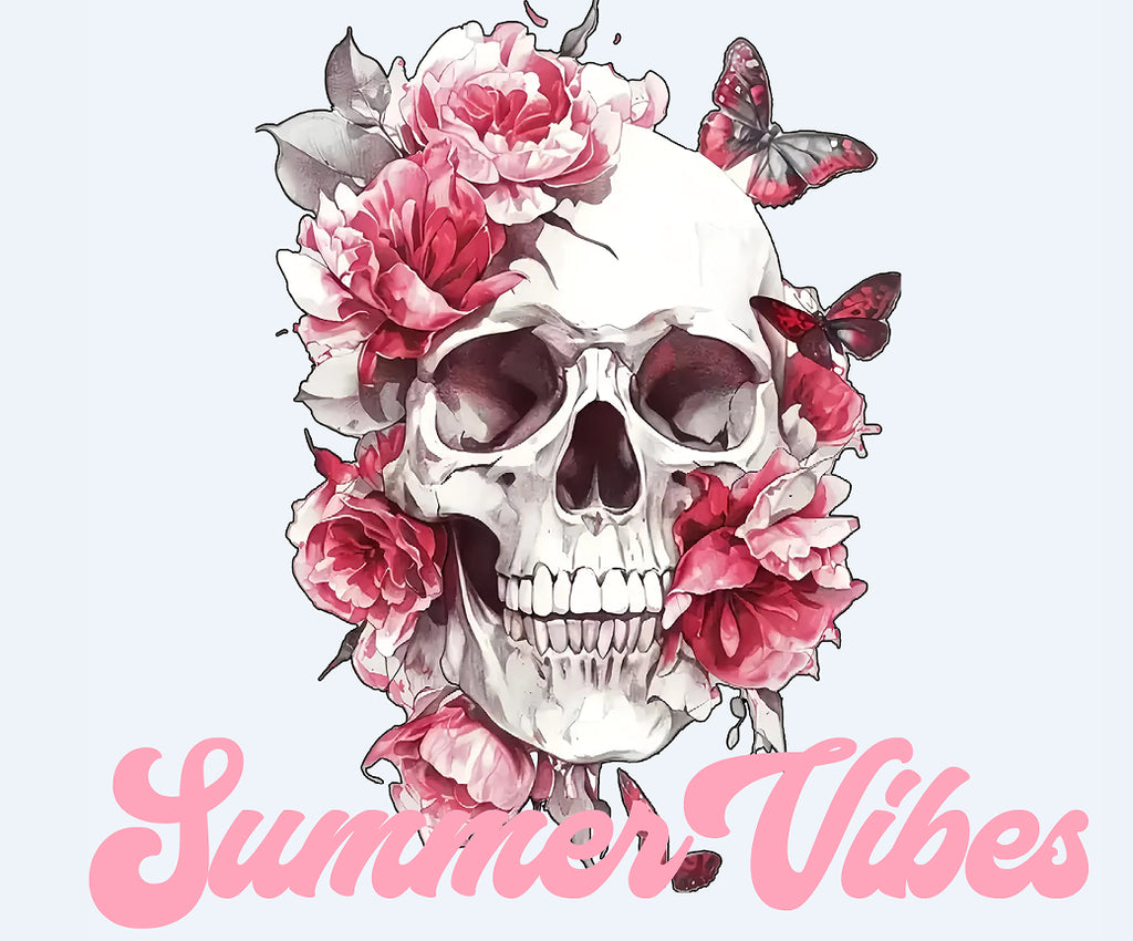 Men's casual baseball cap artwork panel with white skull, pink flowers, and butterflies