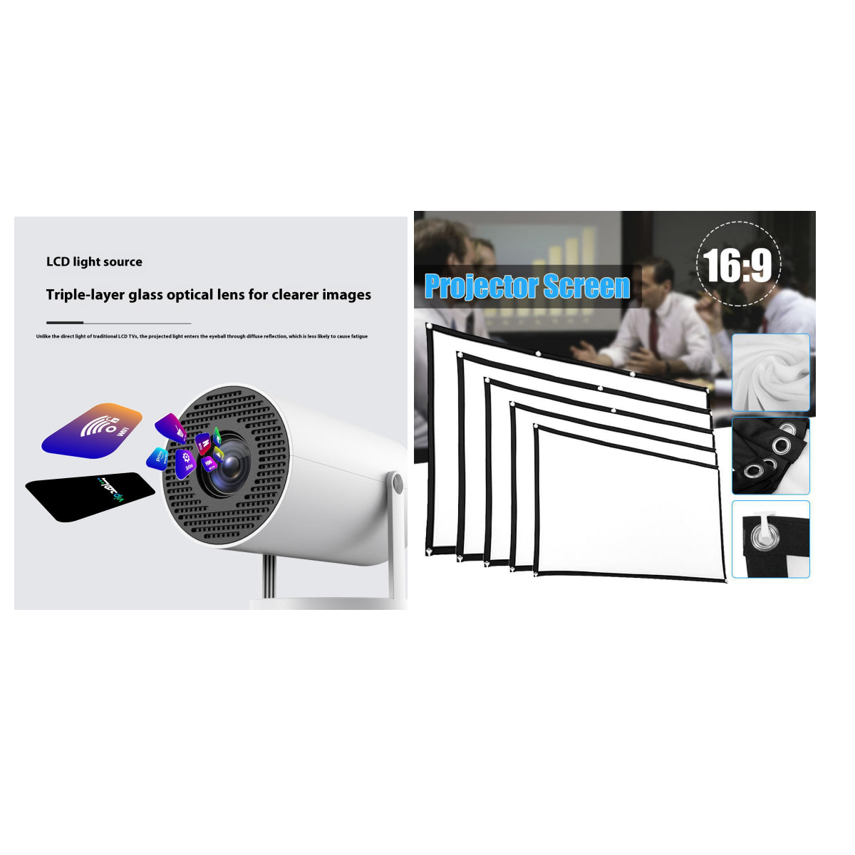 Portable projector with lens and stand, plus projected screen graphic