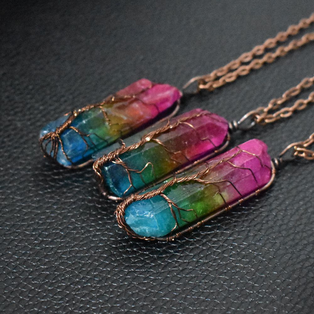 Rainbow crystal pillar pendant on copper wire, with chain and clasp hardware