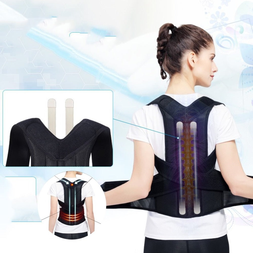 Black posture corrector brace worn from back, with vertical support ribs