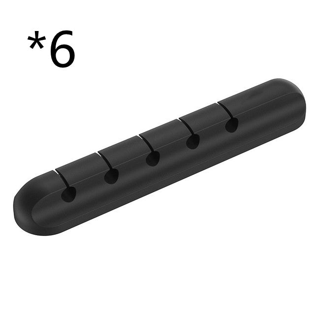 Silicone cable organizer strip with 6 clip slots for wired cables, black