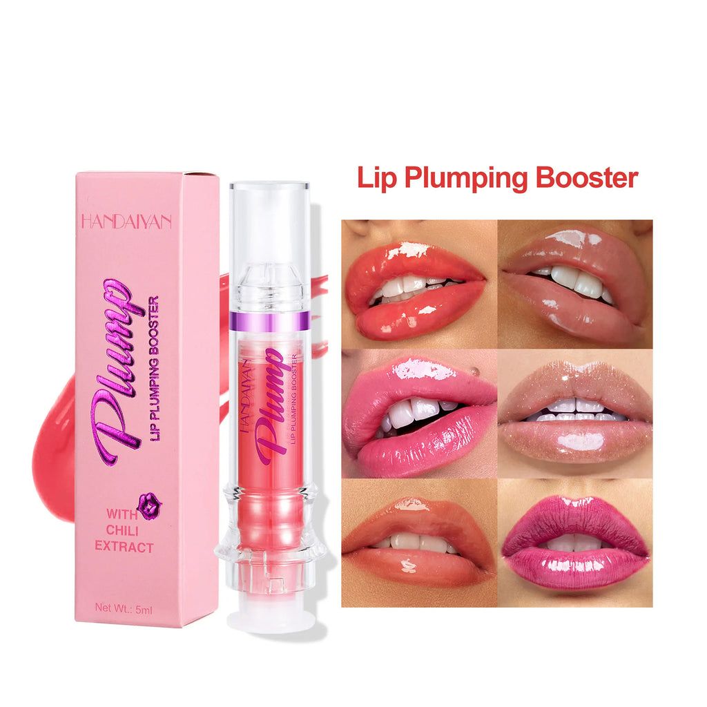 Lip plumping booster lip gloss tube with applicator and lip swatches, shade range promo