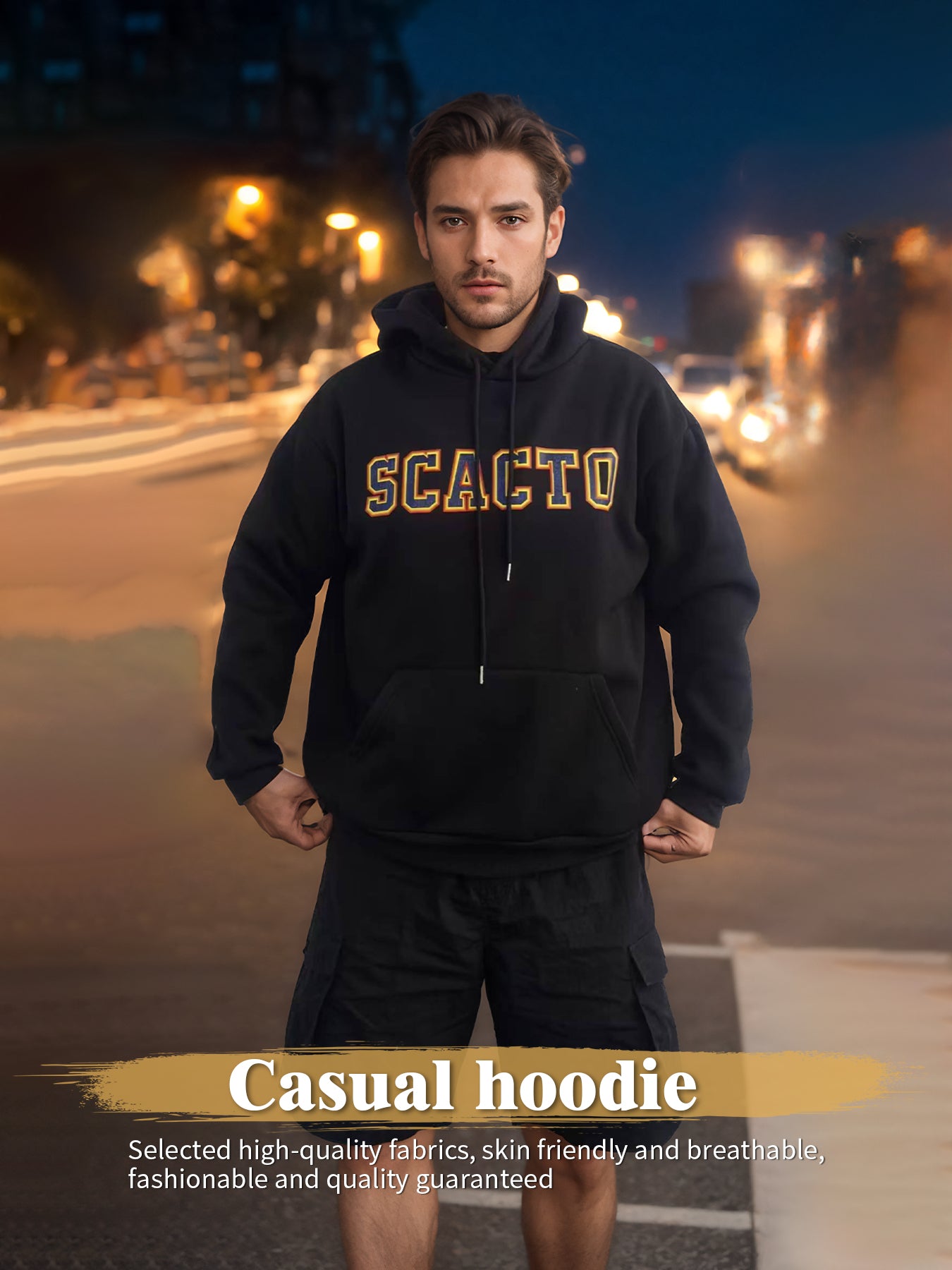 Black long-sleeve hoodie with hood, drawstrings, front logo print, and kangaroo pocket