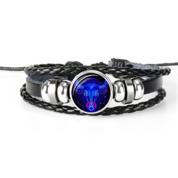 Braided leather-look bracelet featuring a round luminous zodiac charm framed in silver.
