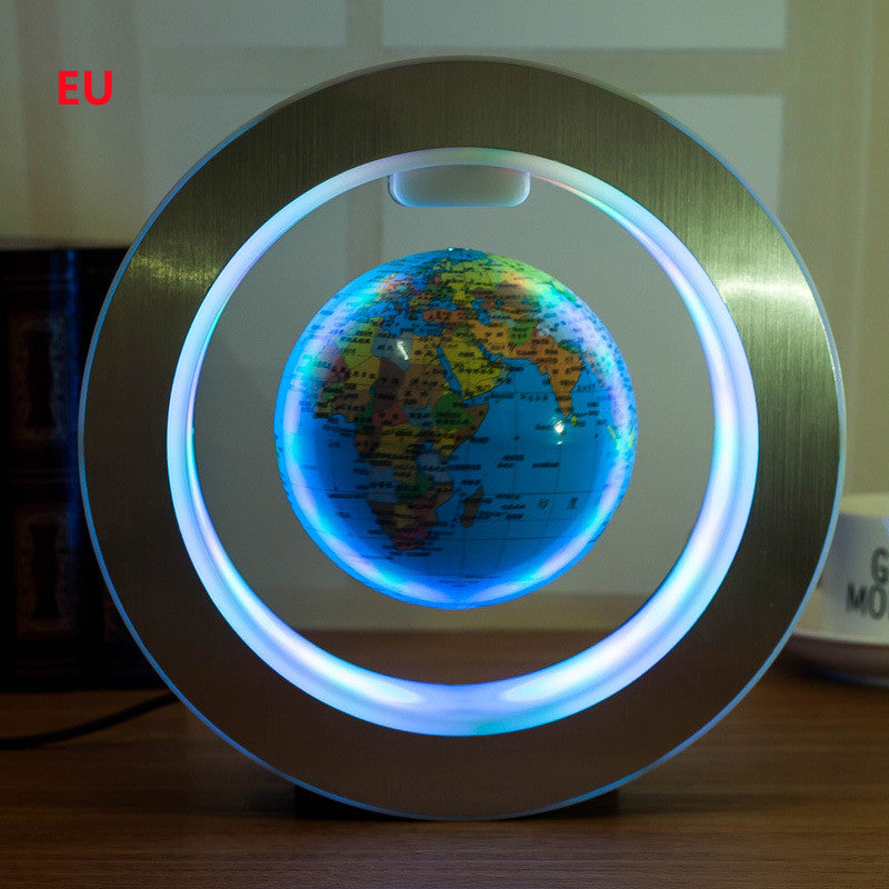 Floating LED world globe with blue lit ring and detailed blue globe map on dark base