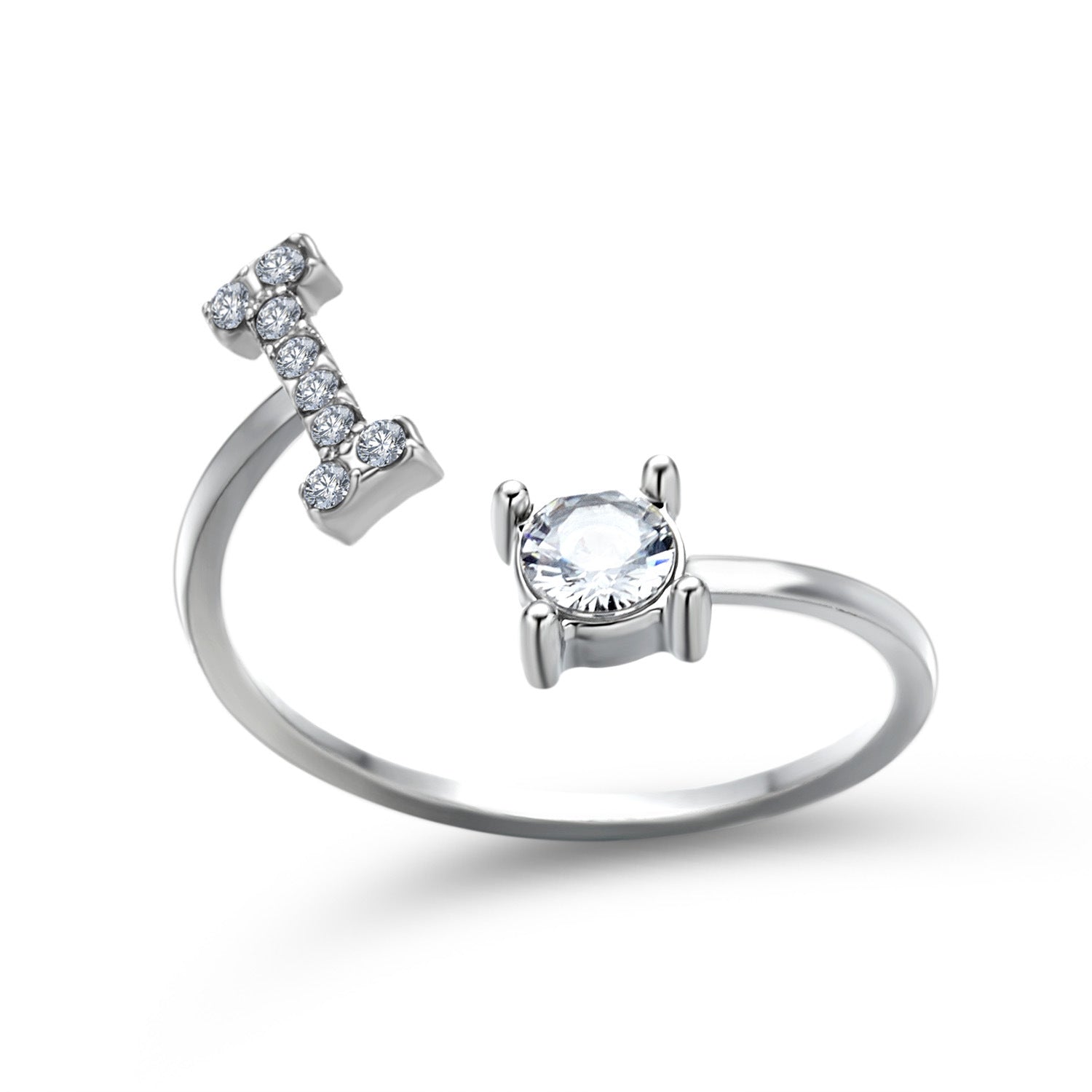 Silver adjustable initial letter ring with oval center stone and pave details.
