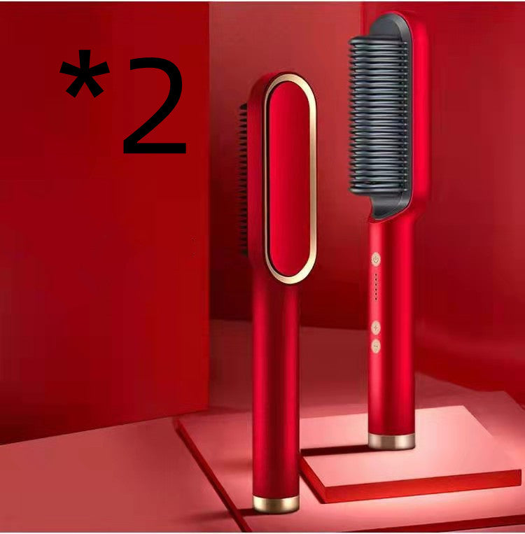 2-in-1 hair straightener hot comb electric hair brush, red heating plates and comb head