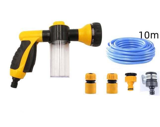 Foam spray gun kit with yellow sprayer, 10m blue hose, and included nozzle pieces.