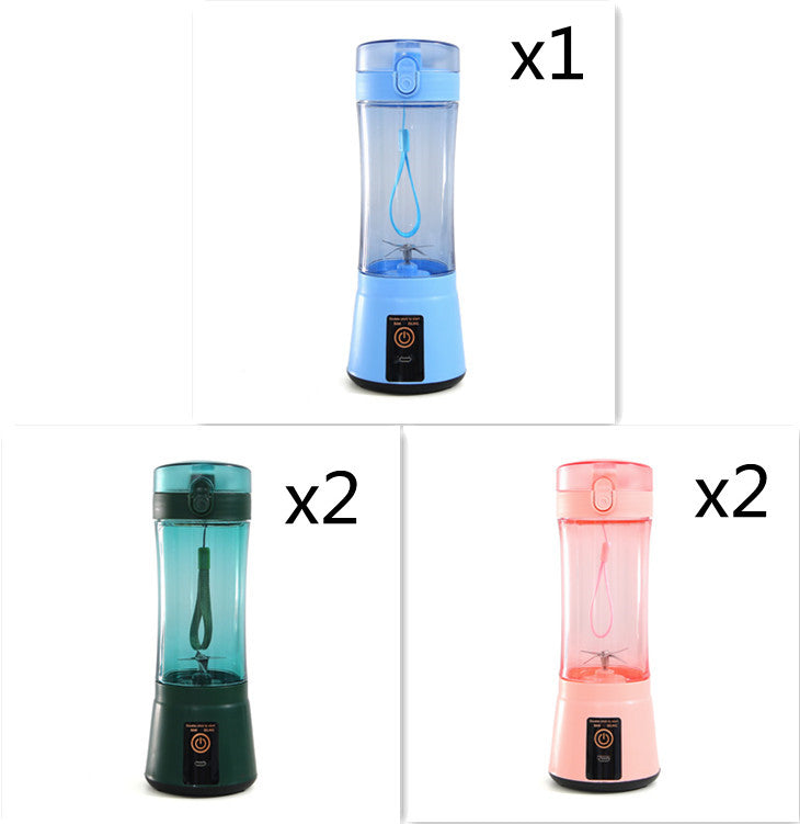 Portable mini blender set with blue, teal, and pink clear cups and black bases