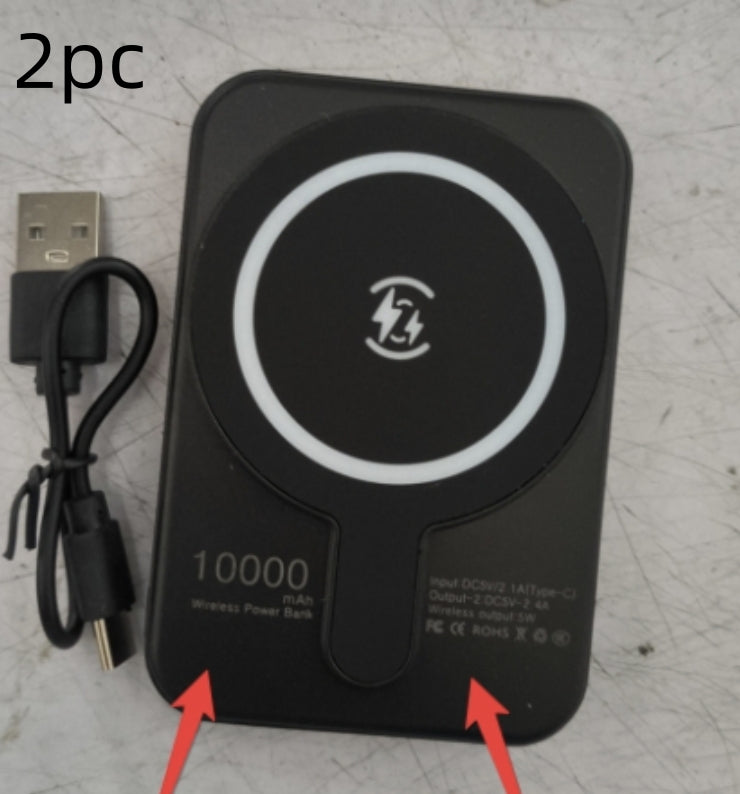 Set of two black mini magnetic wireless power banks with charging icon