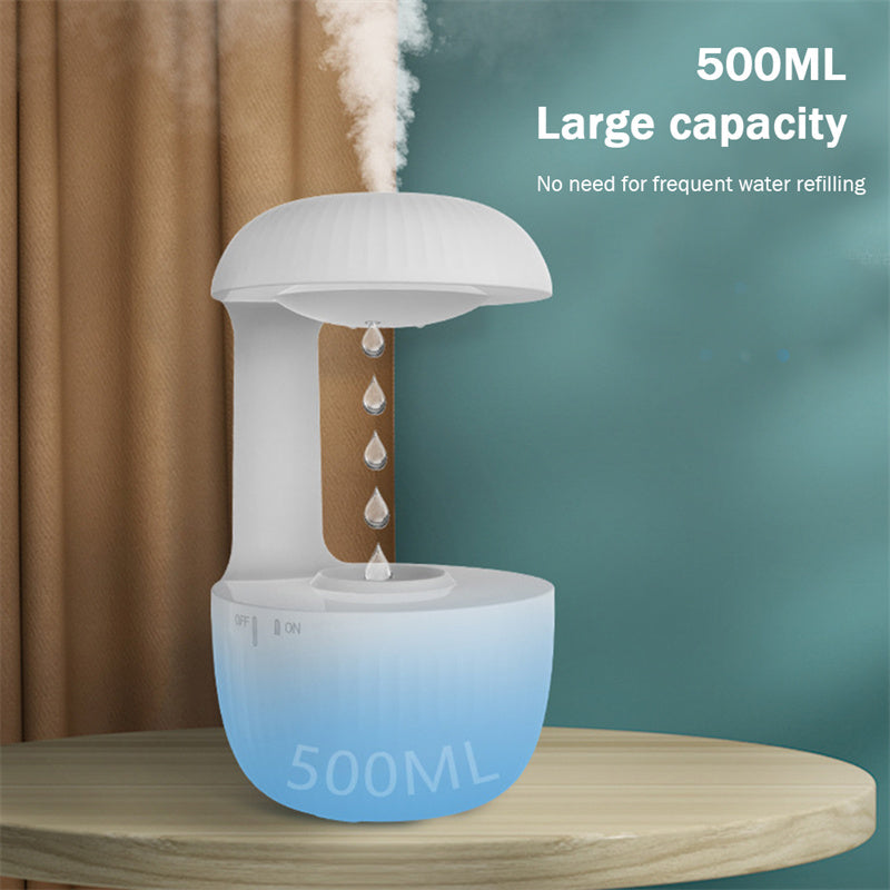 White cool mist humidifier with a water droplet column and 500 mL capacity view.