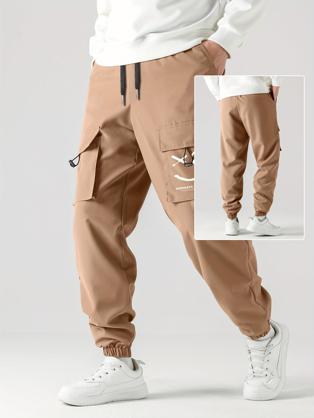 Khaki straight ankle cargo jogger pants with utility pockets and tied drawstring cuffs