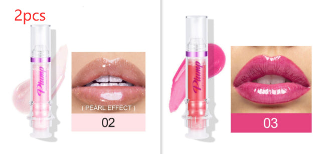 Pearl lip gloss set, magenta-tinted tube, shiny lip swatch
