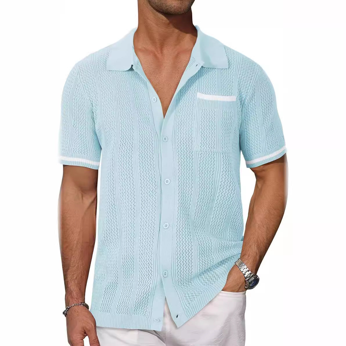 Men’s short-sleeve knit shirt, sky blue, button-front with chest pocket and white contrast trim.