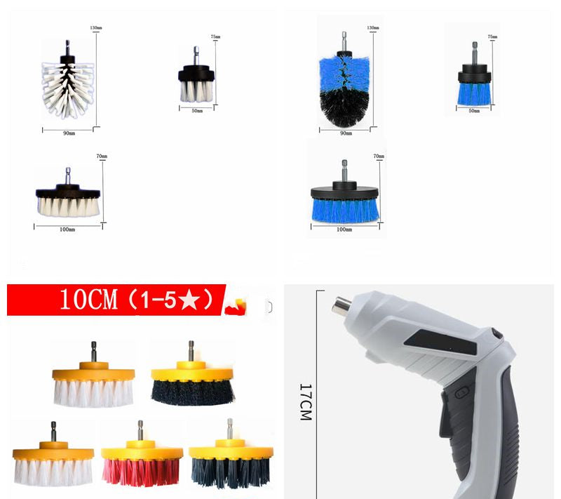 Electric drill cleaning brush set with multiple round scrub heads, blue and white bristles