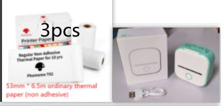 Portable mini thermal label printer with white device and green-labeled paper roll bundle