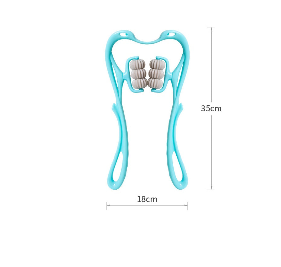 Teal neck massage roller tool, open frame with ribbed wheel rollers