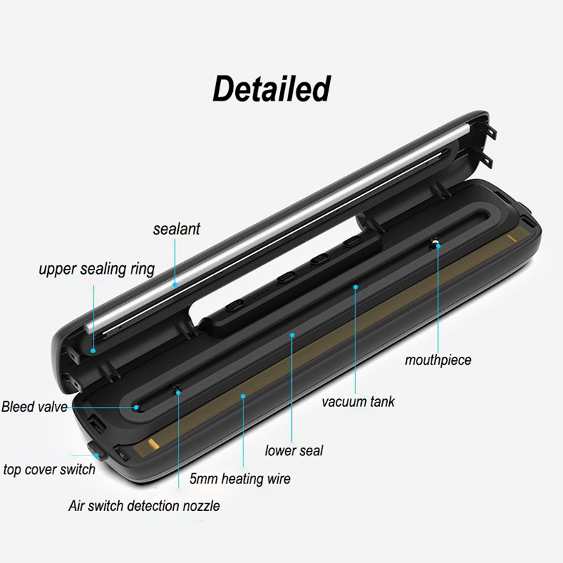 Vacuum sealer parts diagram showing mouthpiece, vacuum tank, upper and lower seals
