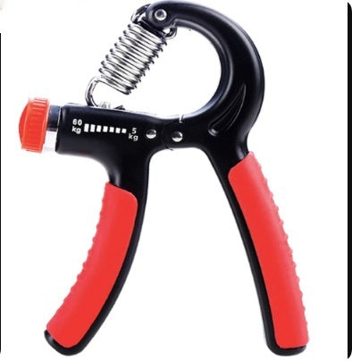 Black hand grip finger exerciser with red handles and silver spring