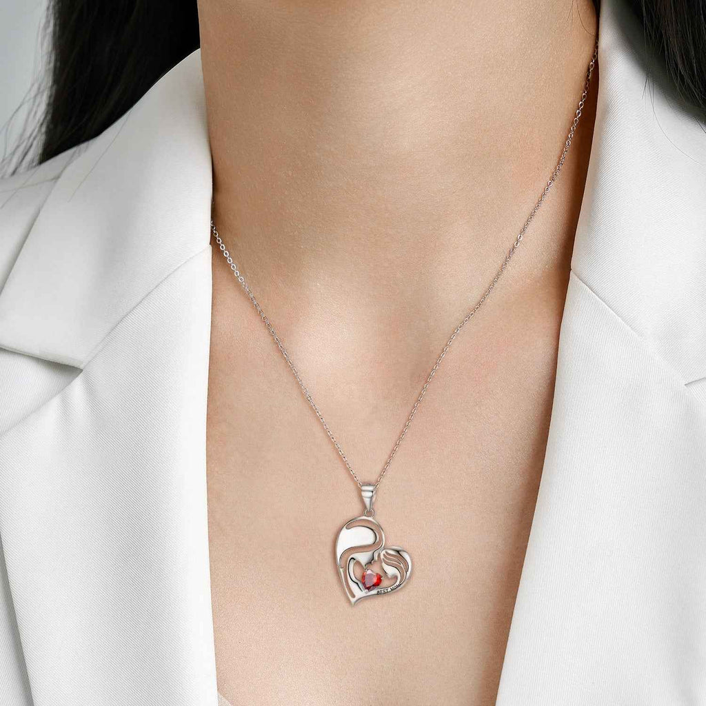 S925 sterling silver heart pendant necklace on thin chain with red gemstone charm
