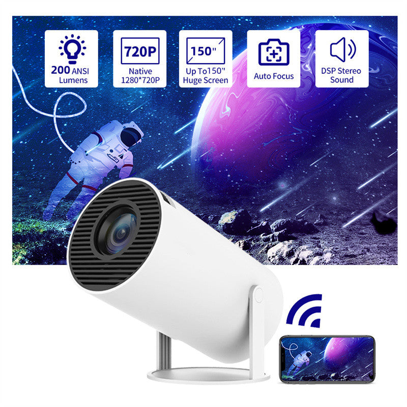 White portable mini projector with front lens and adjustable tabletop stand