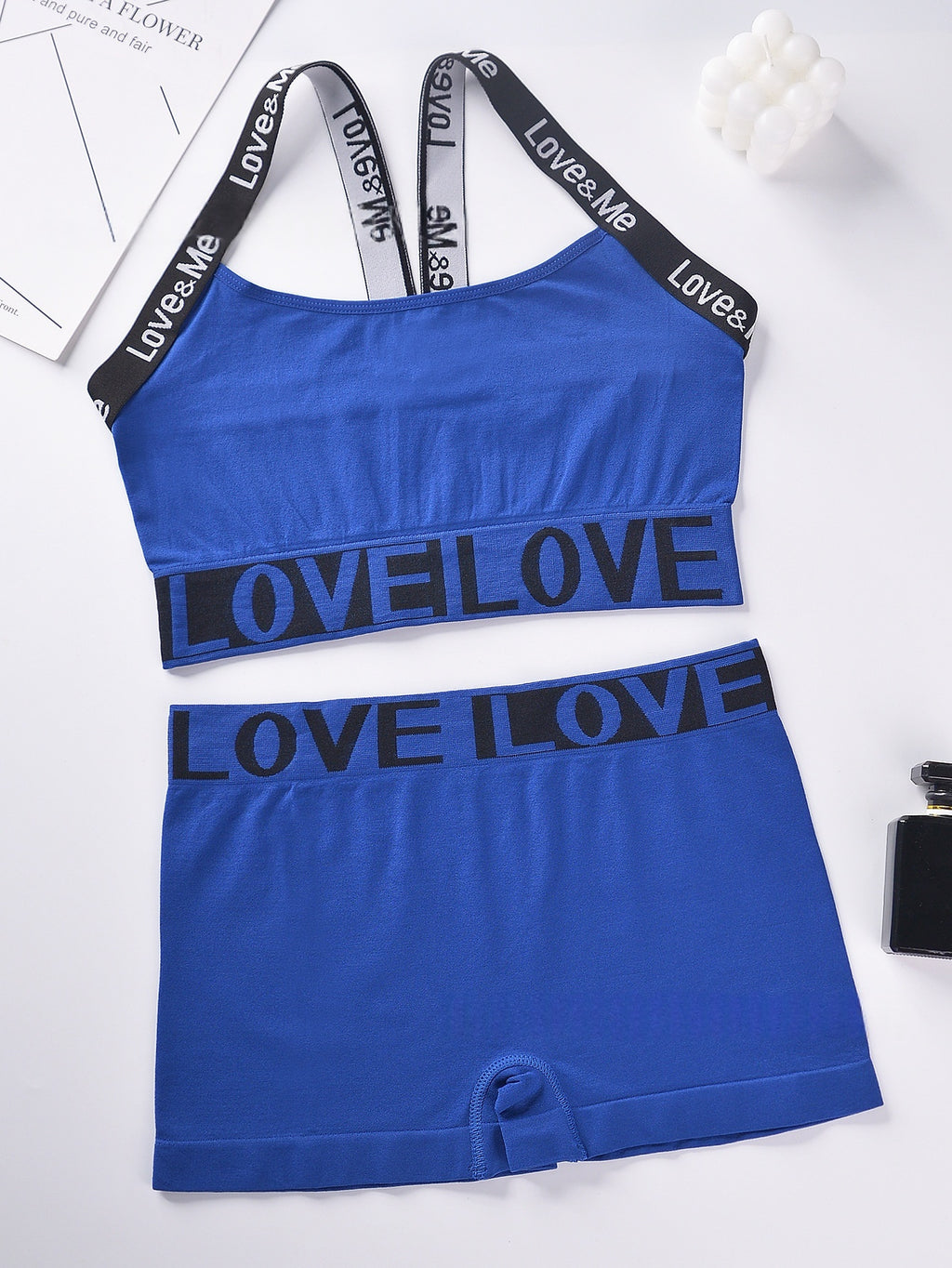 Women’s letter print camisole bra set with LOVE elastic straps, blue