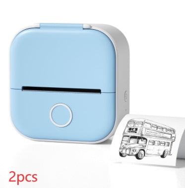 Mini thermal label printer, light blue with label roll and control button