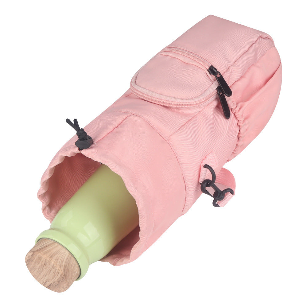 Pink bottle pouch bag with drawstring top and black zipper accents