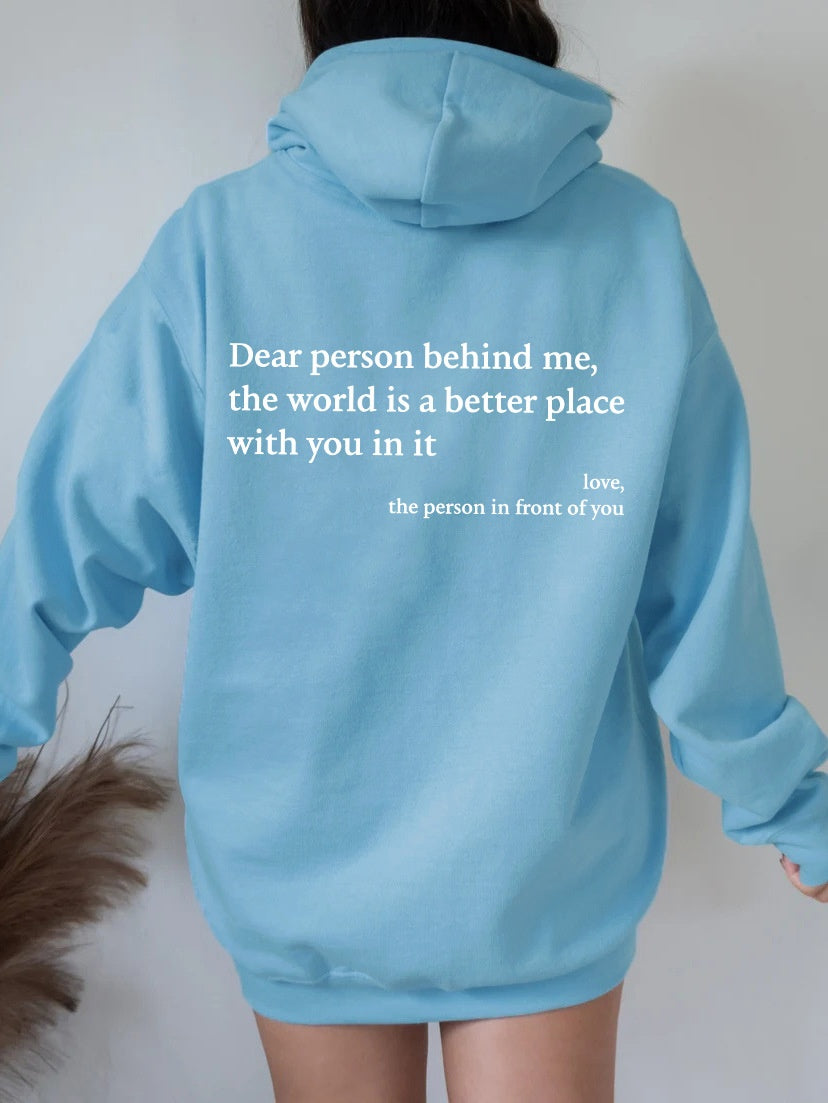 Light blue plush letter-print kangaroo-pocket hoodie, back view with hood and drawstring