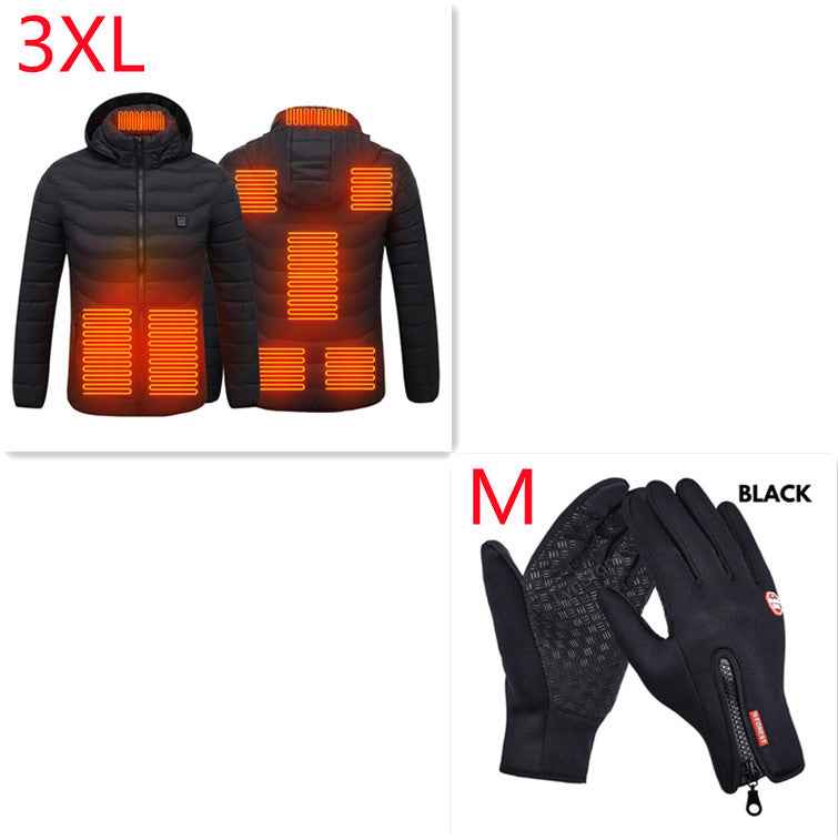 Men's black zip-up heated jacket with glowing front and back heating panels