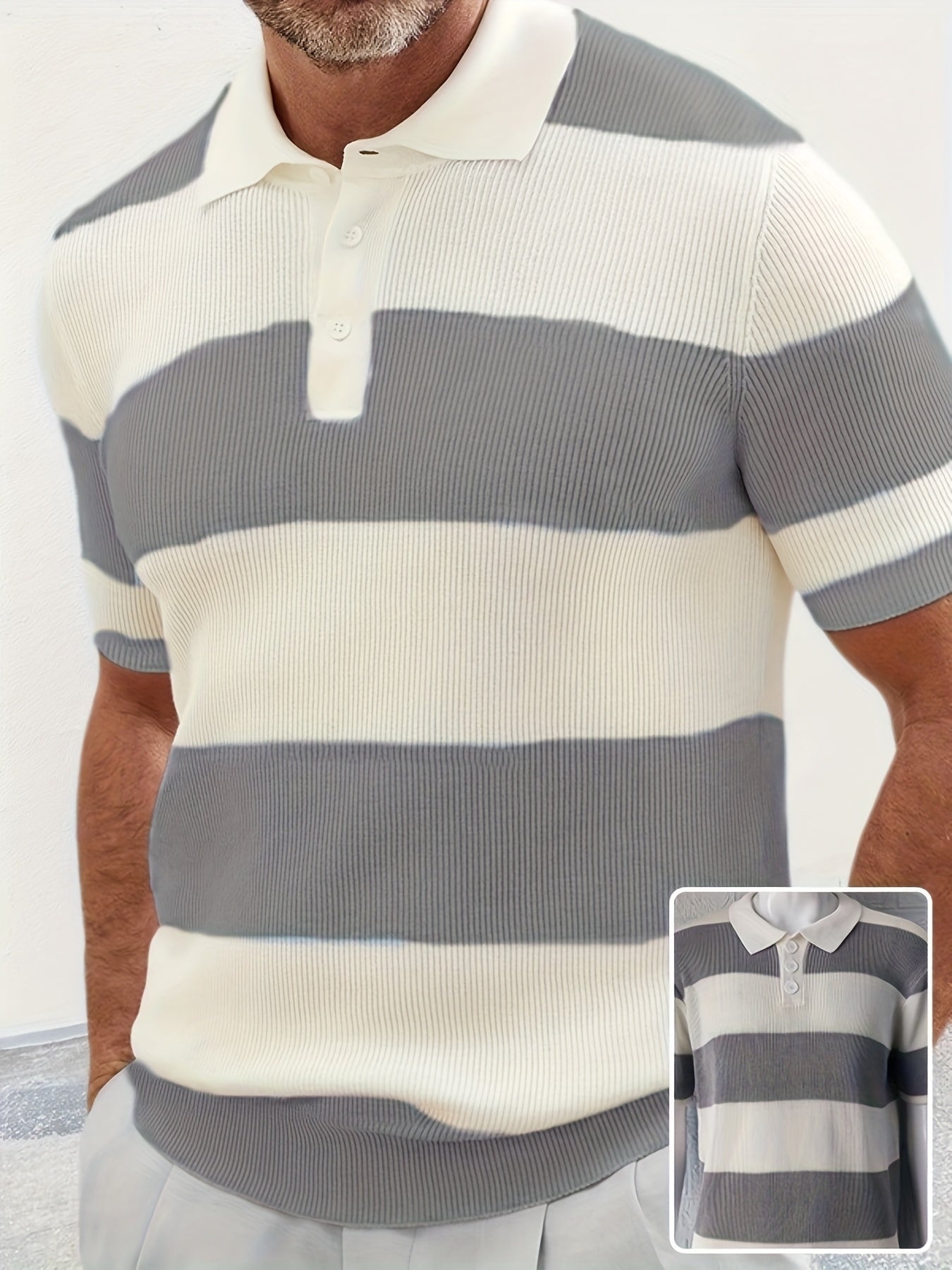 Men's short-sleeve striped polo knit sweater in cream and gray horizontal bands