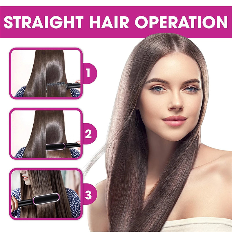 Heated hair straightener with curved plates and styling steps, illustrated