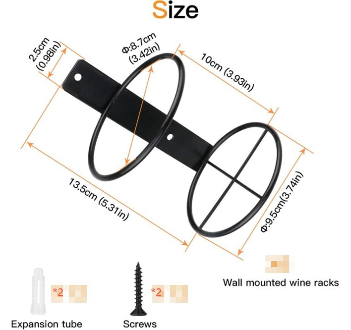 Black wall-mounted wine rack size diagram with expansion tube and screws