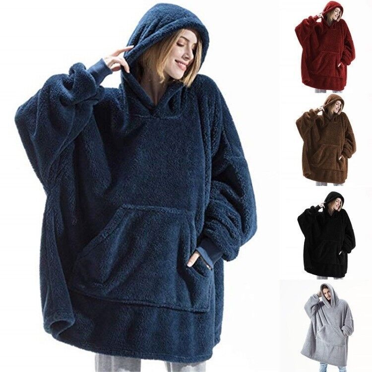 Blue fleece hooded pullover sweatshirt with large front kangaroo pocket and loose fit