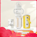 Milk bottle set with clear bottle, small bottle, and yellow warming unit with display