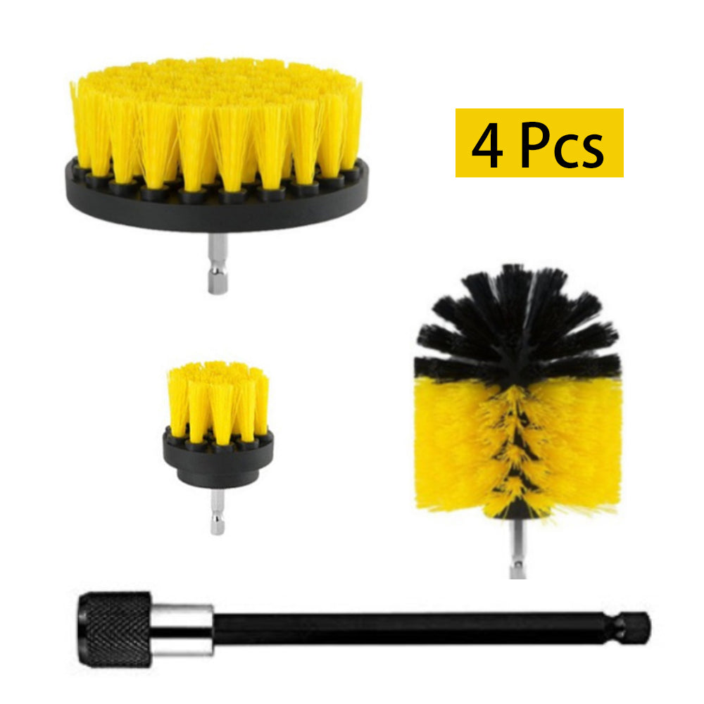 4-piece electric cleaning brush set with yellow bristle round heads and black mounts