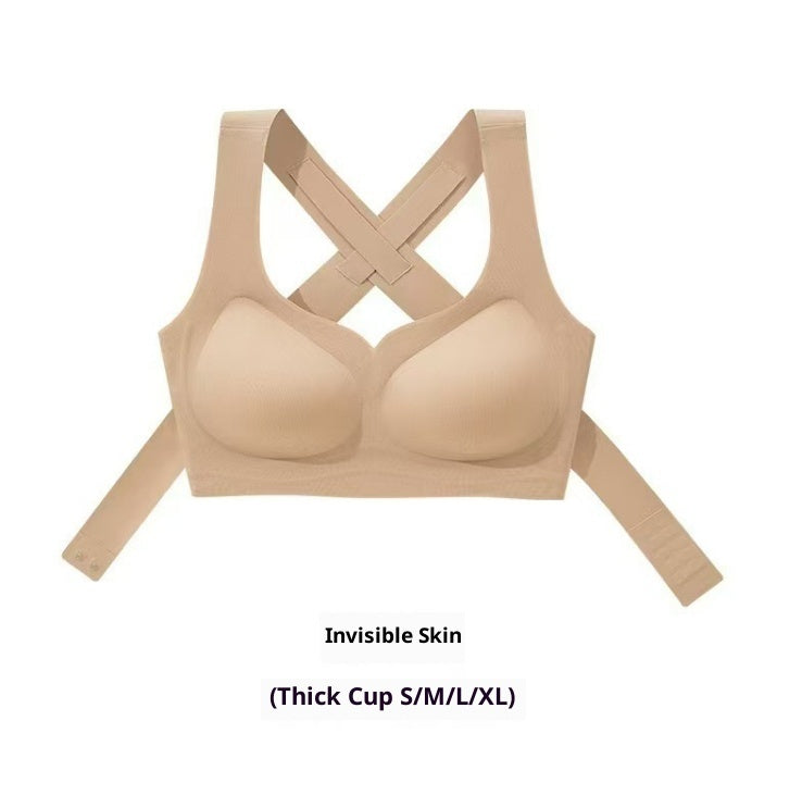Nude front-closure posture bra with crisscross back straps and thicker padded cups