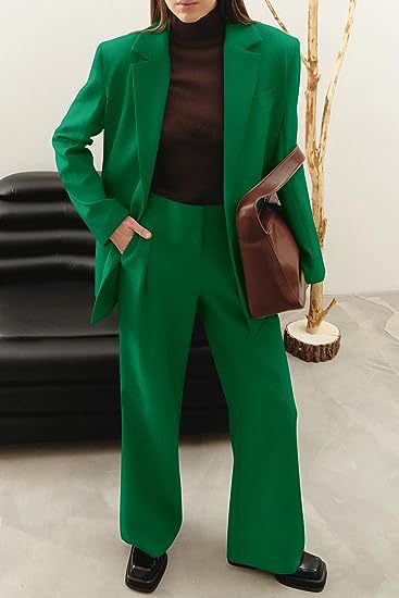 Women’s green coat and trousers suit, blazer jacket with matching wide-leg trousers