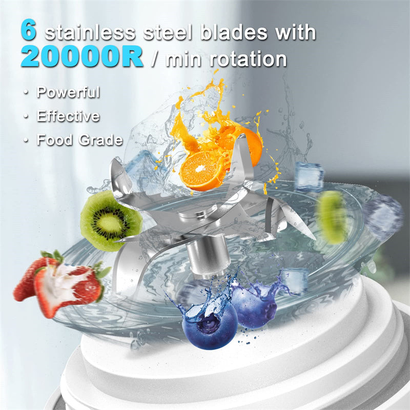 Portable blender base with stainless blades, splash effect above blending jar