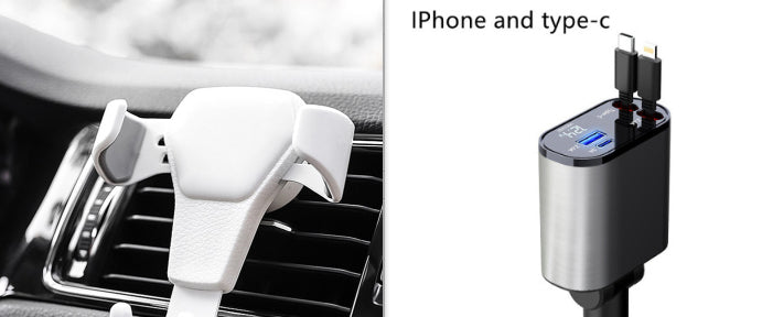 Car vent clip and silver USB charger with two connector ports, black plug ends