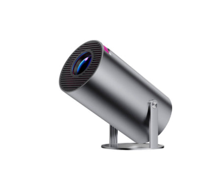 Silver portable projector with front lens and side stand