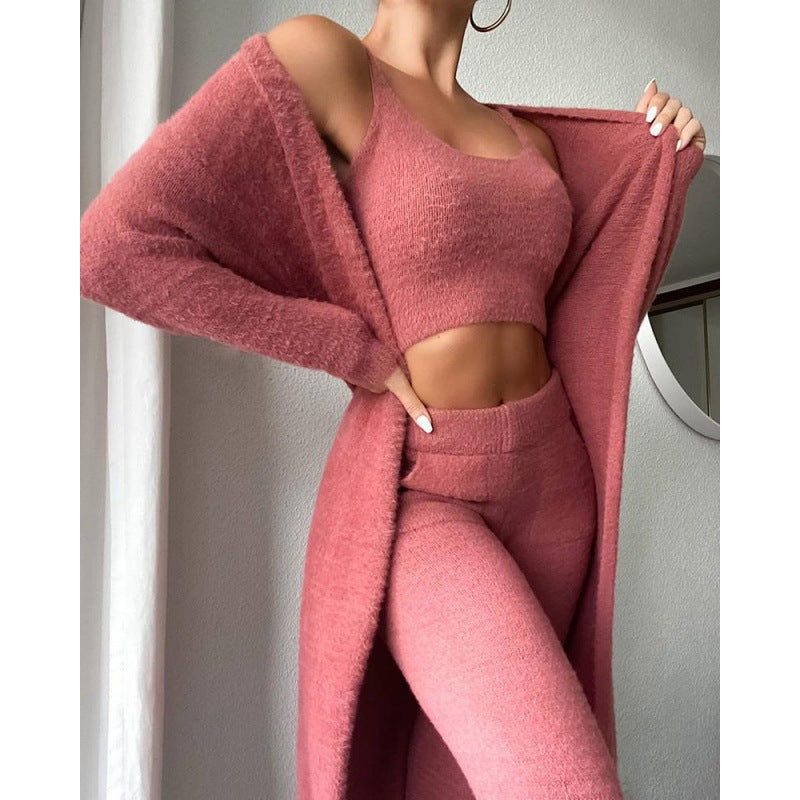 Pink 3-piece pajama set with long cardigan, cropped top and matching pants