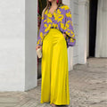 Printed shirt top and wide-leg pants set, yellow floral print top, yellow wide-leg pants