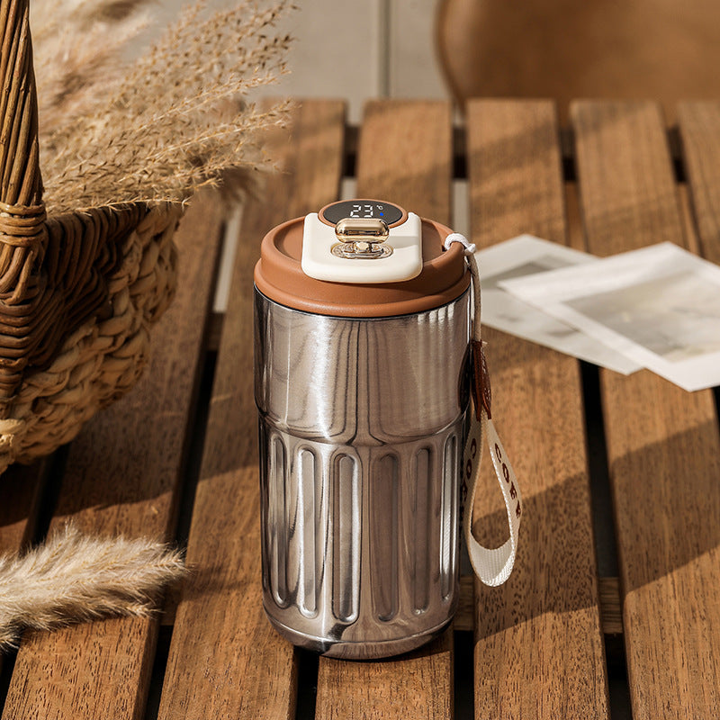 450ml insulated thermal bottle with stainless body, brown lid, digital temperature display