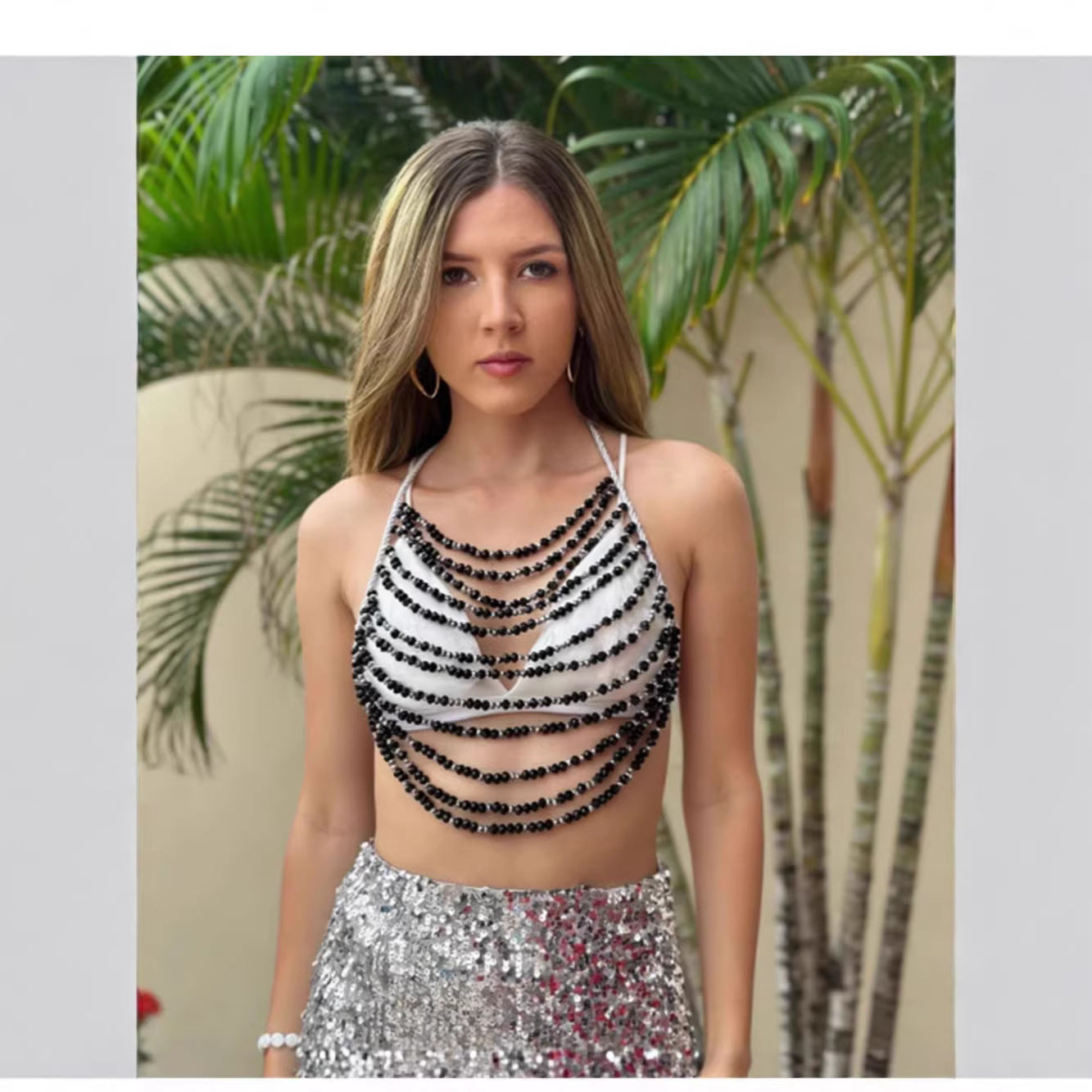 Pearl bra chain halter top in black with layered bead rows and silver trim