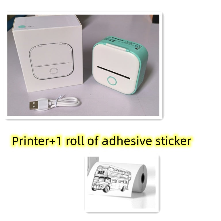 Green portable mini thermal label printer with USB cable and adhesive sticker roll