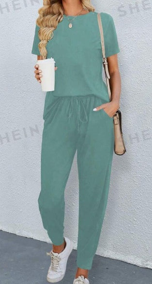 Teal solid round-neck short-sleeve tee and matching pants set, elastic waist