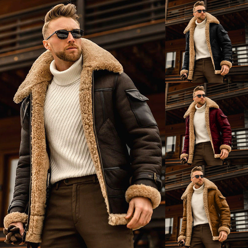 Men's winter jacket with shearling trim, dark coat, zip-front and flap pockets