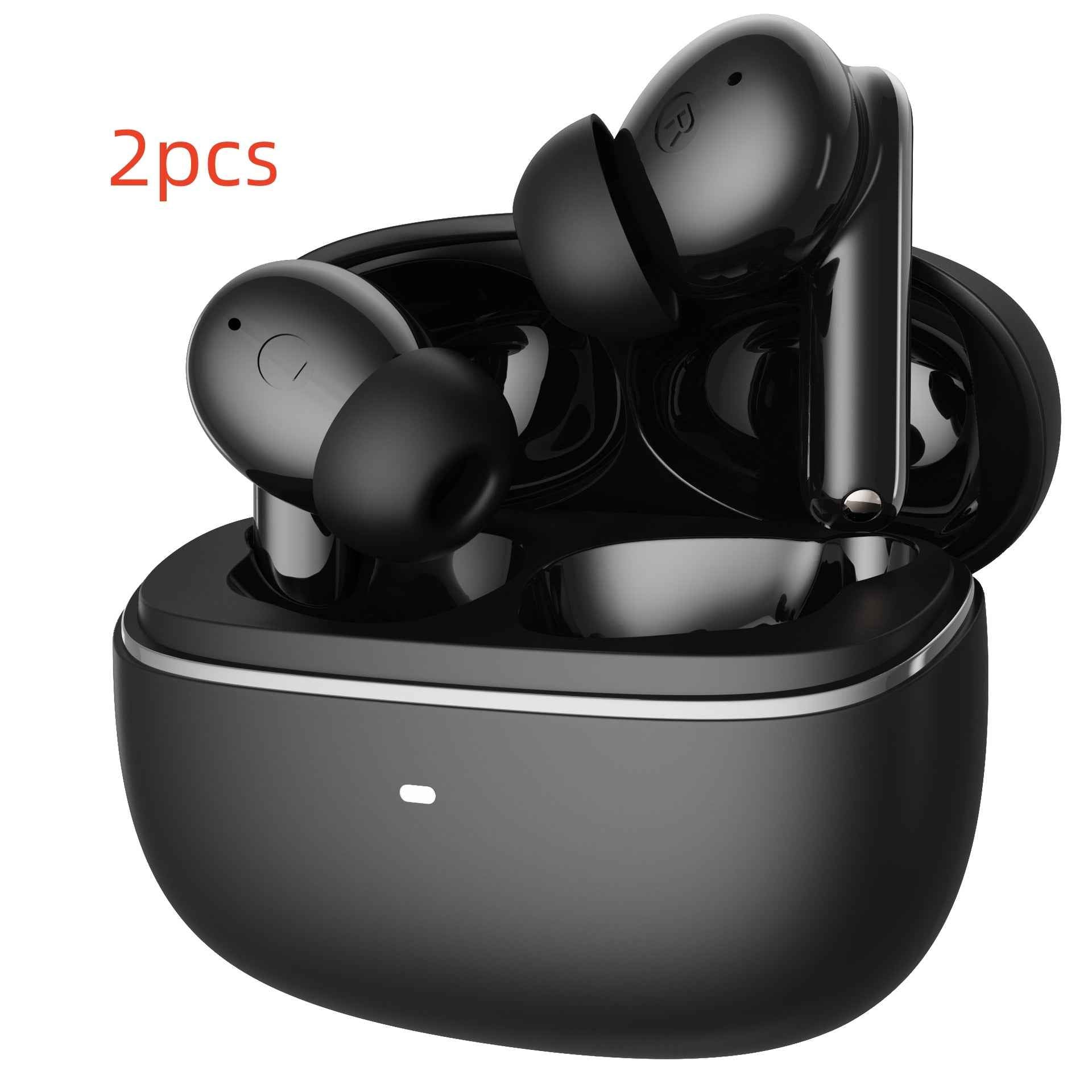 Black wireless Bluetooth in-ear headphones with charging case, two earbuds